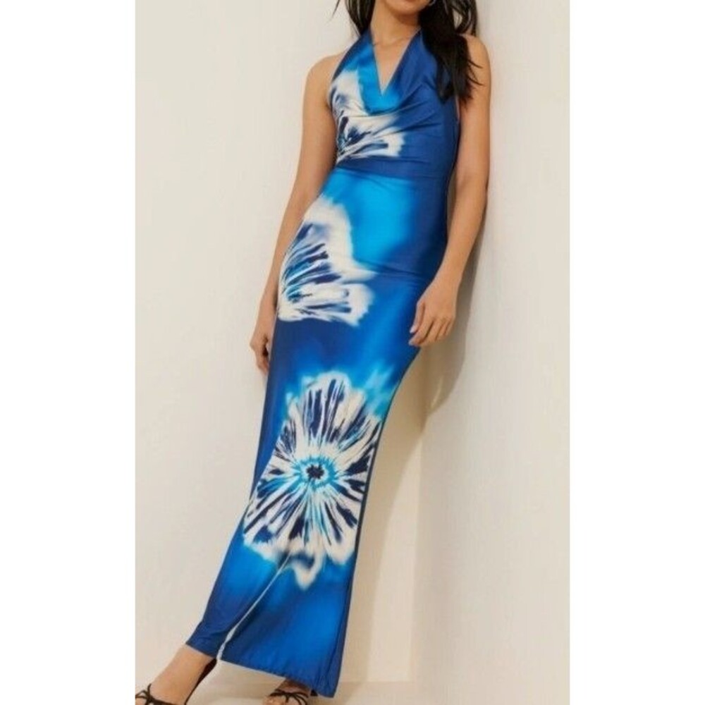 Especia Anthropology Moonflower Long Dress Maxi Halter Cowl Neck Floral Print LG